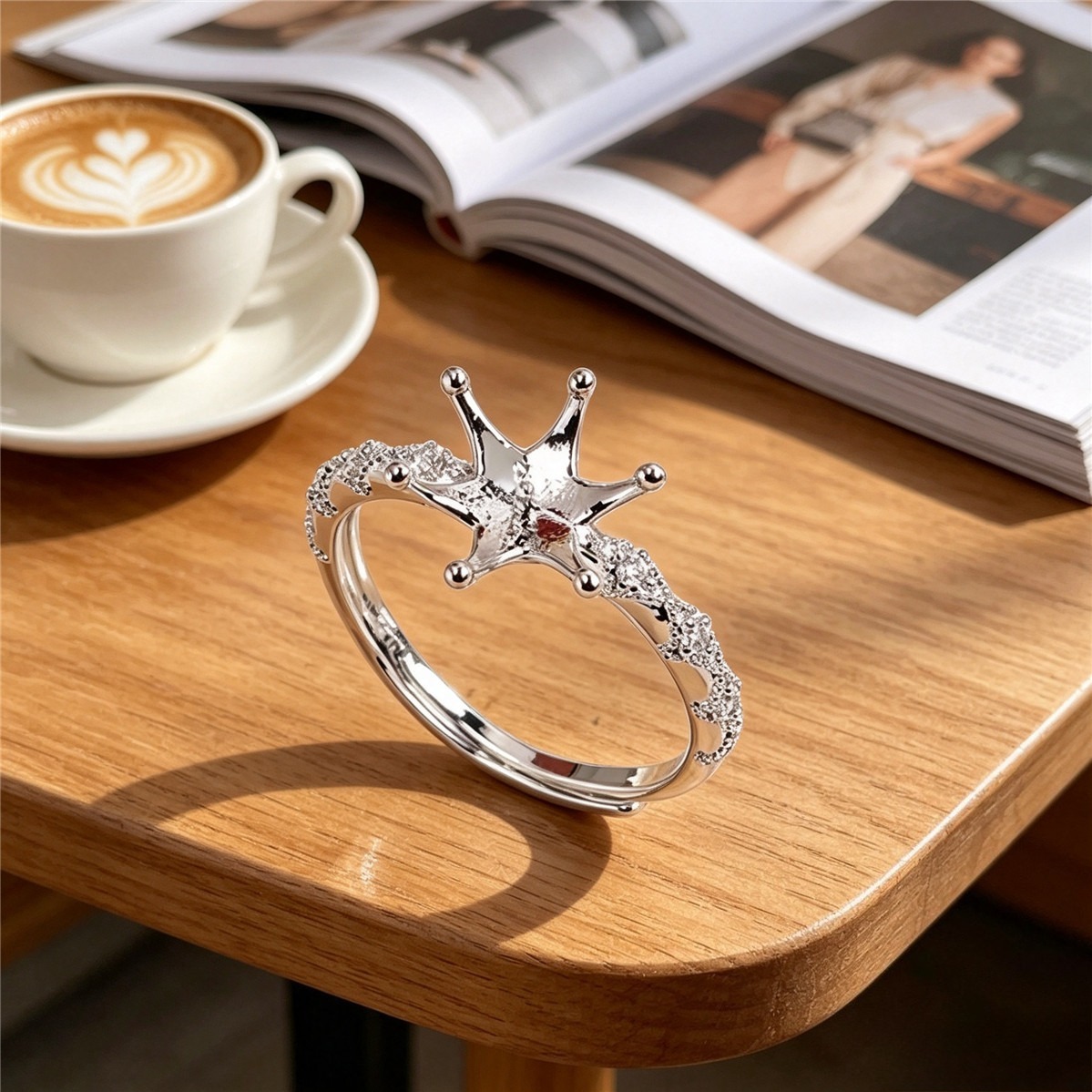 Ring Blank Adjustable - 金メッキ＆シルバートーンのクラウンCZパヴェ装飾調整可能なオープンリングセッティングブランク、パールなし、DIYジュエリー製作用パーツ