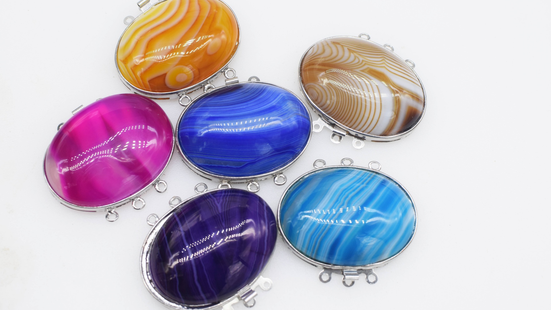 Jewelry Making With Stones - 1個入り マルチカラー瑪瑙 フラットオーバルクラスプ 30x40mm ジュエリーコネクター フック付き