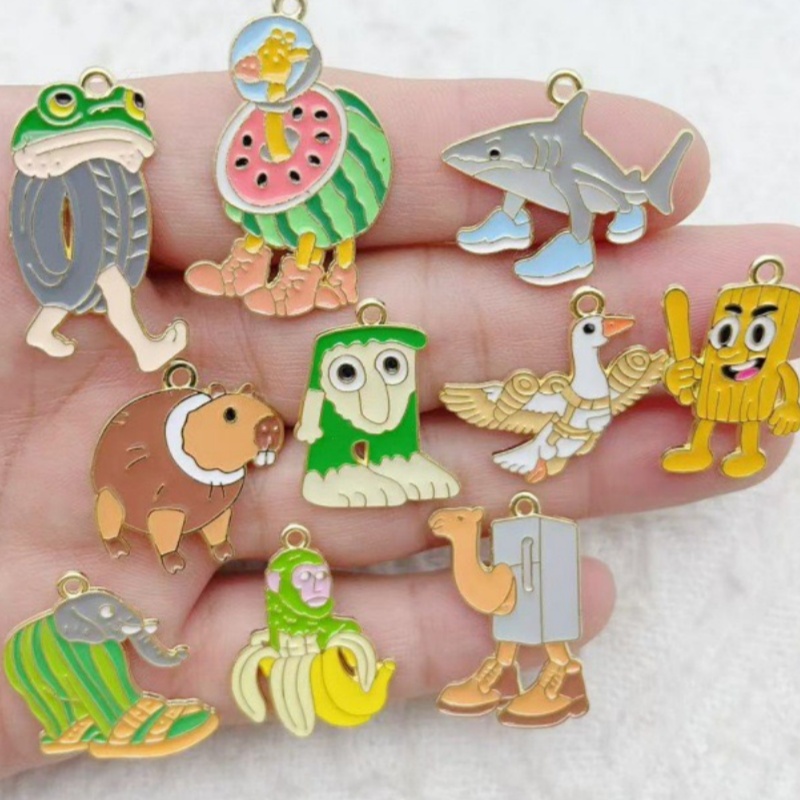Jewelry Making Jewelry - 10個入り クリエイティブ合金ドリップオイルジュエリー、モンスター、面白い、抽象的な、木製スティック、男、サメ、DIYアクセサリー、ペンダント