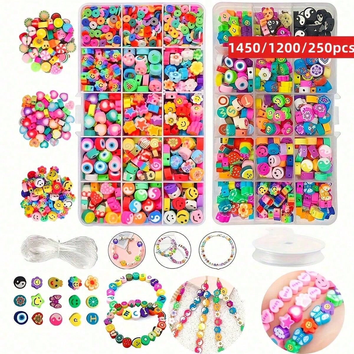 Jewelry Making Thread - 1450/1200/250個入りポリマークレイビーズセット、ボックス、ゴム紐束、DIYジュエリー製作、イヤリング、ブレスレット、ネックレス