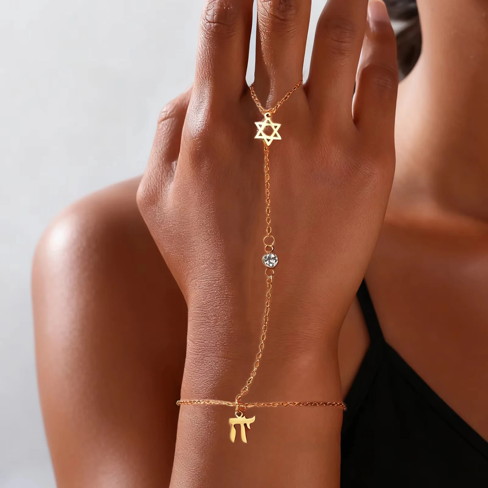 Jewelry Making Jewelry - ユダヤ教のダビデの星、ヘブライ文字チャイ、指輪型ブレスレット、ステンレス製、調節可能、六芒星ジルコンブレスレット、お守りジュエリー