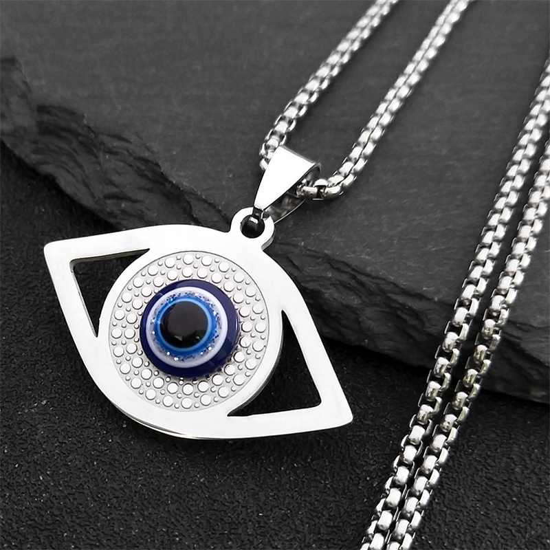 Jewelry Making Jewelry - イスラム ハムサ 邪視除けブルーアイネックレス ステンレススチール トルコアイ チェーンブレスレット